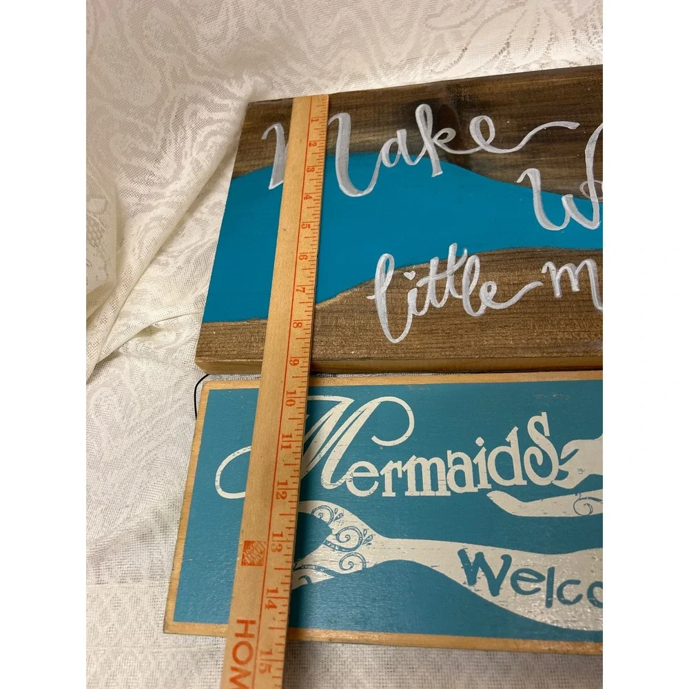Hand Painted Wood Mermaid Wall Art Signs Set 2 Make Waves Mermaids Welcome Teal